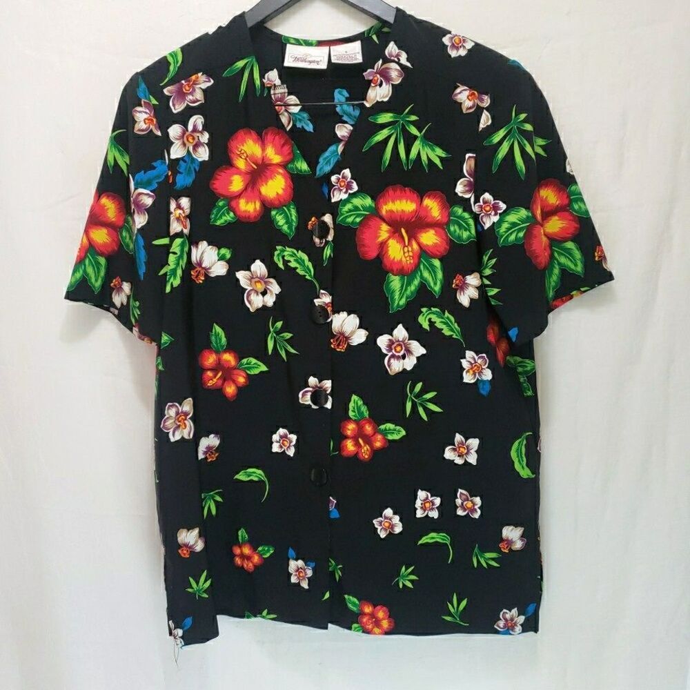 VTG Worthington Tropical Hibiscus Blouse 16 Black Hawaiian Button Up Plus Top